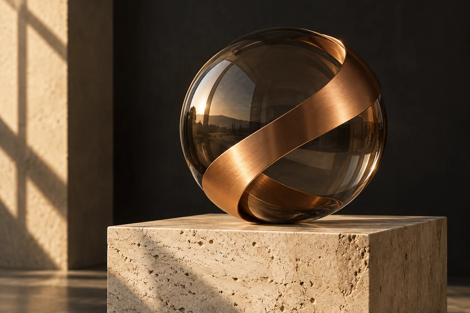 Sfera di vetro fumé attraversata da un nastro di rame. Immagine concettuale generata con AI.