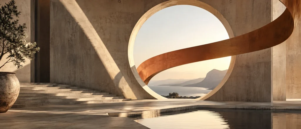 Architettura circolare aperta su un paesaggio, attraversata da un nastro di rame. Visual concettuale generato con AI.