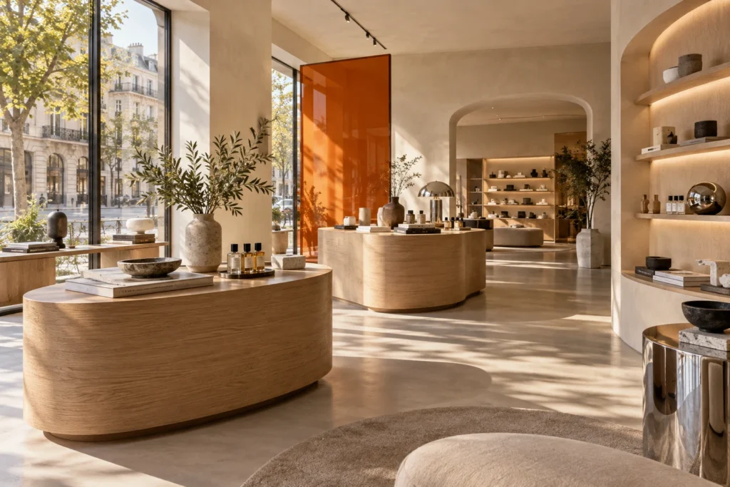 Concept store con materiali naturali e luce calda. Immagine concettuale generata con AI.